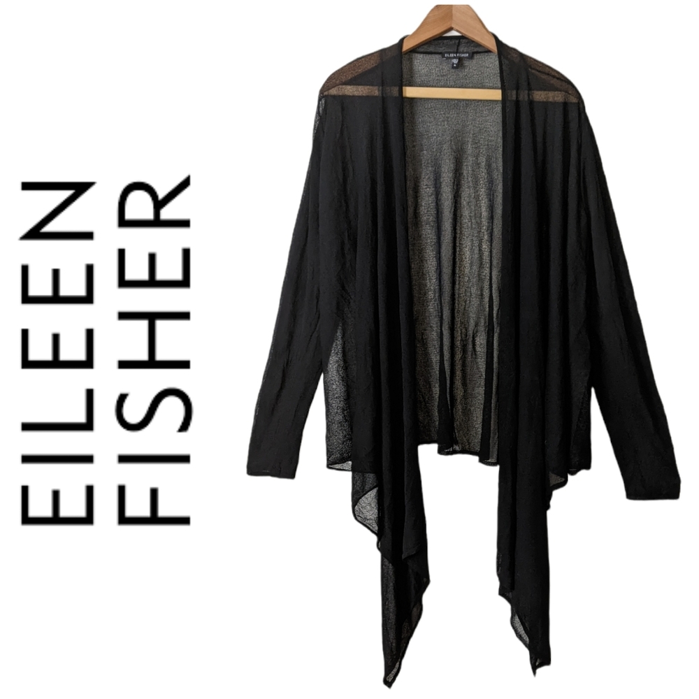 Eileen Fisher XL Cardigan, Knit Draped Black Open Front Sheer
